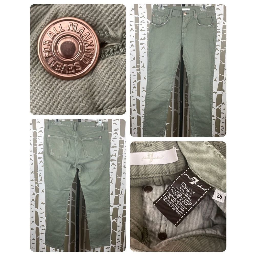 7 For All Mankind Olive Green Distressed Slim Fit Ankle Jeans sz 28